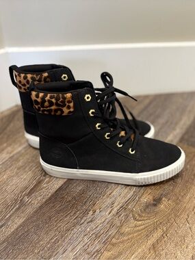 Timberland Black High-Top Sneakers with Leopard Collar